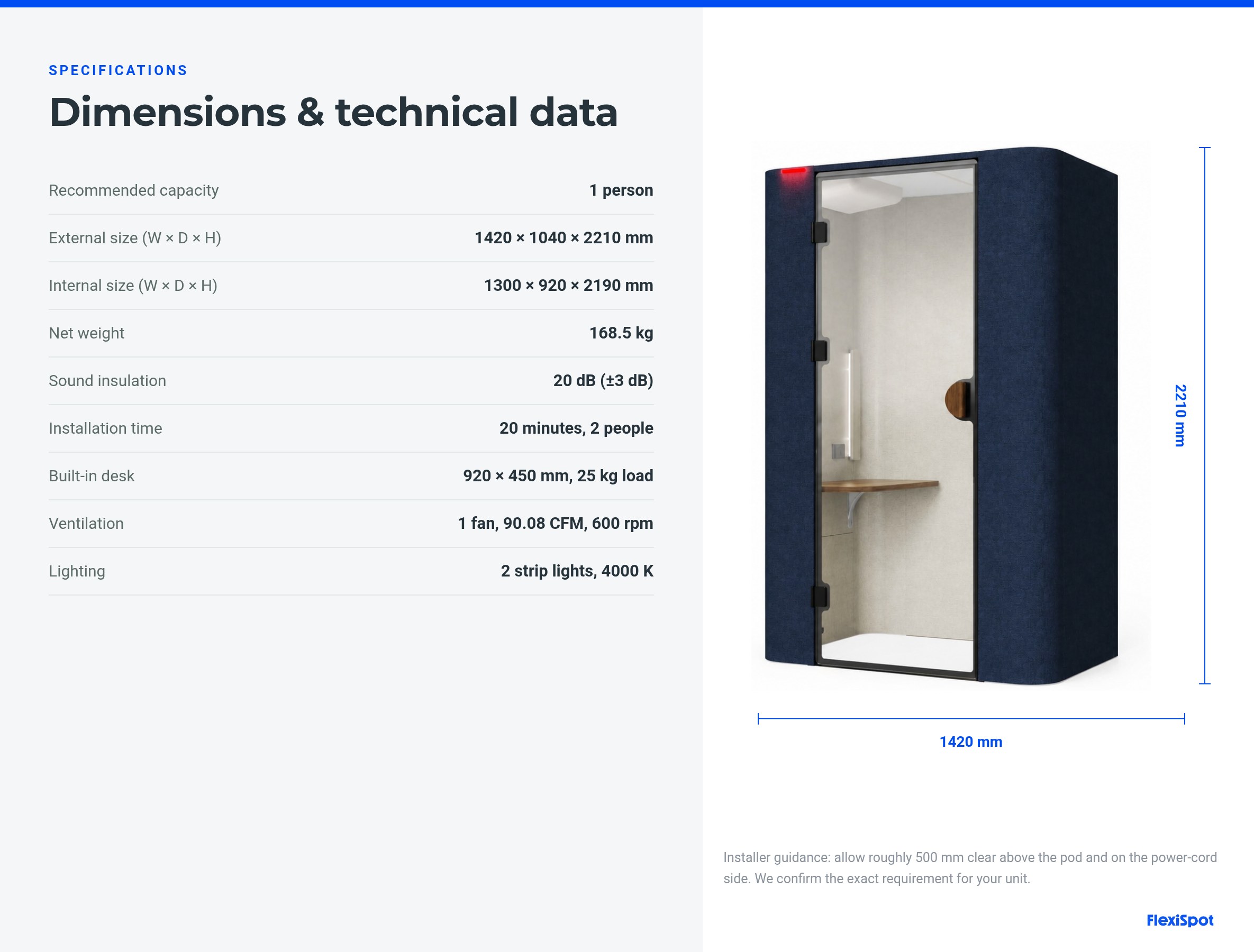 FlexPod M1 office pod dimensions and technical data, 1420 x 1040 x 2210 mm, 20 dB sound insulation